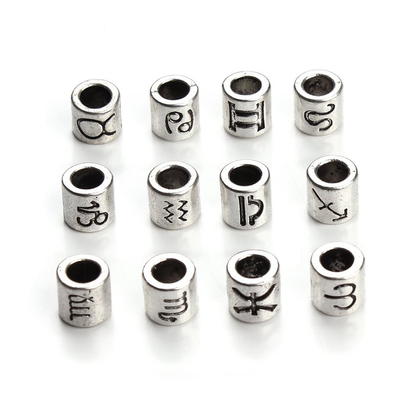 Linsoir beads 60 Pcs Antique Silver Tone Zodiac Beads Charm 4mm Hole Horoscope Beads Fit European Bracelet - Image 1